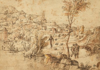 Pejzaż z pasterzami nad rzeką i miastem za rzeką (recto); Studium postaci i ruiny rzymskie (verso) autorstwa Jan van Scorel
