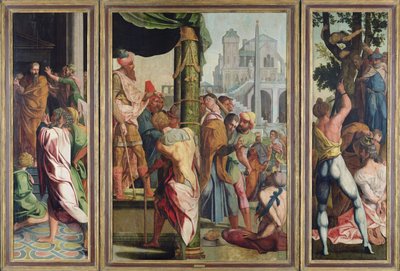 Kazanie, aresztowanie i męczeństwo św. Jakuba Większego, z poliptyku św. Szczepana i św. Jakuba Większego, ok. 1541 autorstwa Jan van Scorel