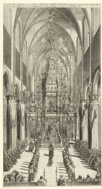Lijkdienst voor Filips IV te Brussel, 1665 Płonąca kaplica i procesja pogrzebowa Filipa IIIe roy des Espaignes wykonana w kościele św. Gudule w kolejności od ust. nadmiar. markiza Castel Rodrigo 4 i 5 listopada 1665 (tytuł na obiekcie) autorstwa Jan van Troyen