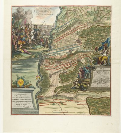Żużel bij Höchstädt, 1704 Plan chwalebnej bitwy wydany 13 sierpnia w pobliżu Hochstett nad Dunajem (...) (tytuł na obiekcie) autorstwa Jan van Vianen