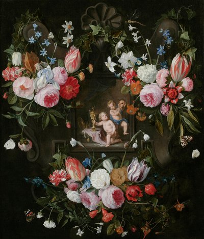 Kartuszowa martwa natura z kwiatami wokół alegorycznego wizerunku Putti z kosztownymi przedmiotami i maską, 1648 r. autorstwa Jan van and Balen, Hendrik van Kessel