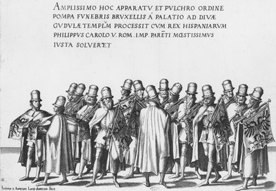 Grupa trębaczy w procesji żałobnej cesarza Karola V, 1559 autorstwa Jan van and Doetechum Doetechum the elder