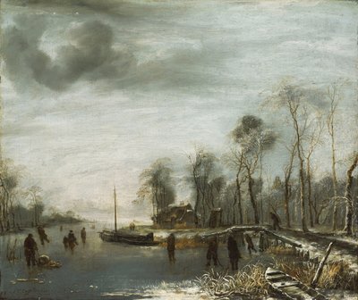 Pejzaż zimowy z łyżwiarzami i graczami w gry planszowe na zamarzniętym szlaku wodnym, 1653 autorstwa Jan van de Capelle or Cappelle