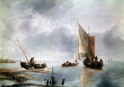 Mały statek w lekkim powietrzu, a drugi na brzegu, ok. 1650-1660, Jan van de Cappelle (1624-ca 1679), olej na płótnie, 34, 8x48 autorstwa Jan van de Capelle or Cappelle
