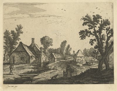 Widok na wieś z kobietą i dzieckiem na wiejskiej ulicy autorstwa Jan van de Cappelle (attributed to)