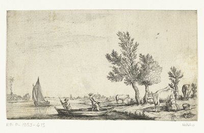 Krajobraz rzeki z dwoma mężczyznami w łodzi wiosłowej autorstwa Jan van de Cappelle (attributed to)