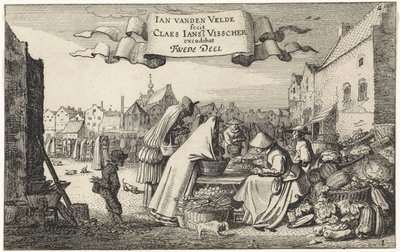 Figurki na straganie z warzywami na targu Krajobrazy (tytuł serii) Amenissimae aliquot requculae (tytuł serii) autorstwa Jan van de Velde (II)