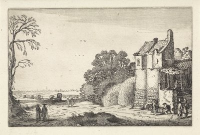 Figurki w domu i kryte wagony na wiejskiej drodze Krajobrazy (tytuł serii) Amenissimae aliquot requculae (tytuł serii) autorstwa Jan van de Velde (II)