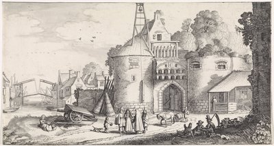 Postacie przy bramie miejskiej Zabawne pejzaże i zabawne wiersze (tytuł serii) autorstwa Jan van de Velde (II)