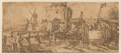 Widok na miasto (Culemborg?) z mostem przed bramą autorstwa Jan van de Velde (II)