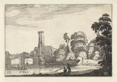Pont przy moście i ruina Krajobrazy (tytuł serii) Amenissimae aliquot requculae (tytuł serii) autorstwa Jan van de Velde (II)
