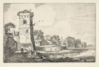 Pont z owcami na wieży w krajobrazie rzeki Krajobrazy (tytuł serii) Amenissimae aliquot requculae (tytuł serii) autorstwa Jan van de Velde (II)