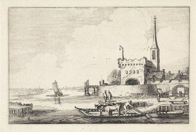Pont z bydłem w forcie w krajobrazie rzeki Krajobrazy (tytuł serii) Amenissimae aliquot requculae (tytuł serii) autorstwa Jan van de Velde (II)