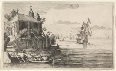 Dwójka mistrzów na wybrzeżu z kaplicą Pejzaże morskie (tytuł serii) autorstwa Jan van de Velde (II)