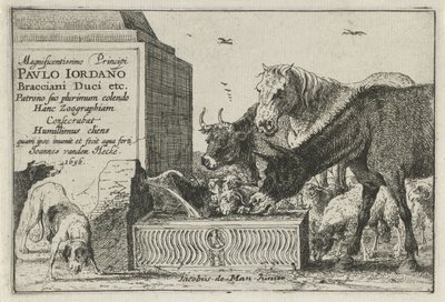 Zwierzęta przy fontannie Druk tytułowy serii rycin przedstawiających zwierzęta Zwierzęta (tytuł serii) Zoographiam (tytuł serii na obiekcie) autorstwa Jan van den Hecke