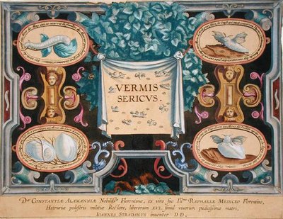 Frontyspis do „Vermis Sericus” (Jedwabnik) grawerowany przez Theodora Galle (1571-1633) (grafika) autorstwa Jan van der Straet
