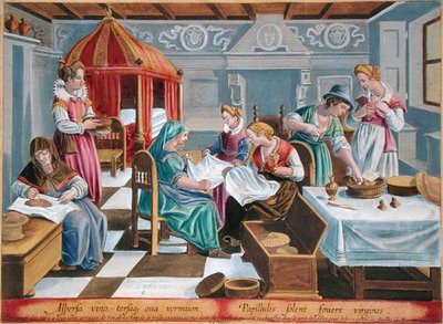 Kobiety posypują jajka jedwabnika winem i trzymają je w cieple przy piersiach, płyta 3 z „Vermis Sericus” (Jedwabnik) rytowany przez Philipa Galle (1537-1612) (rycina) autorstwa Jan van der Straet
