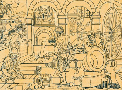 Odlewnia armat, rysunek z Nova Reperta autorstwa Jan van der (1523 1605) Straet