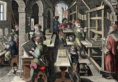 Drukarnia, ok.1600 - Holandia, Druk: po lewej postacie używają znaków, poszczególne etapy przygotowania druku nadzorowane przez mistrza drukarza - Grawer z „Nova Reperta” Giovanniego Stradano (Jan Van Der Straet) (Johanne autorstwa Jan van der Straet
