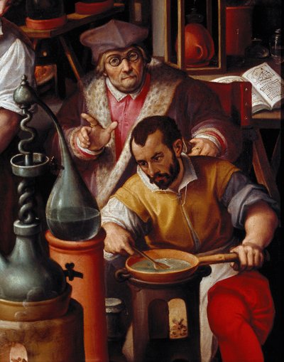Laboratorium Alchemika, detal autorstwa Jan van der Straet
