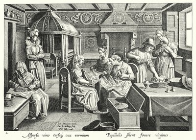 Obchodzenie się z jajami jedwabników (grawerowanie) autorstwa Jan van der Straet
