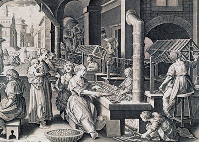 Vermis sericus, kobiety przędzące jedwab i podgrzewające jedwabniki w ogniu, rycina Stradanusa (1523-1605), Włochy autorstwa Jan van der Straet