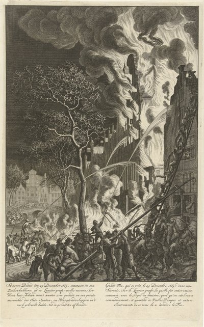 Pożar na Lauriergracht w Amsterdamie, 1669 Ciężki pożar 29 grudnia 1669 r. powstał w cukierni na grafcie Lauriera (…) / Grand feu, qui se prit le 29 grudnia 1669. dans une sucrerie, sur le Laurier graft (…) (tytuł na obiekcie) autorstwa Jan van der Heyden (attributed to)