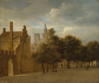 Pejzaż miejski z przechadzającymi się postaciami, za nimi kościół autorstwa Jan van der Heyden