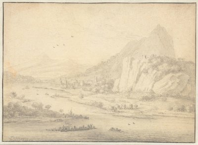 Górzysty krajobraz rzeki z łodziami autorstwa Jan van der Meer (II)