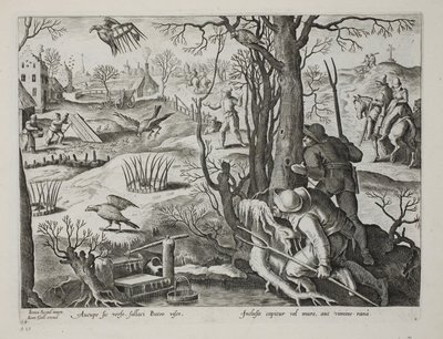 Ptaszniki używające pułapek przynęty na szczury do chwytania jastrzębi, płyta 64, ilustracja z „Venationes, Ferarum, Avium, Piscium” (O polowaniu: dzikie zwierzęta, ptaki, ryby), ryt. Jan Collaert (1566-162 autorstwa Jan van der Straet
