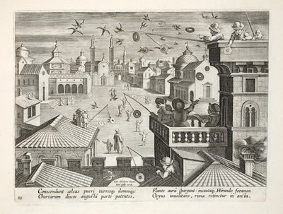 Uchwycenie jaskółek za pomocą lustrzanych dysków z otworami, płyta 77, ilustracja z „Venationes, Ferarum, Avium, Piscium” (O polowaniu: dzikie zwierzęta, ptaki, ryby), ryt. Jan Collaert (1566-1628), wyd. autorstwa Jan van der Straet
