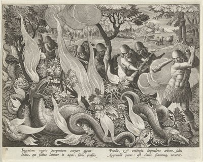 Łapanie węży w Indiach za pomocą maczug i pochodni do rozświetlania zarośli, wyd. 1640 grawerowanie. autorstwa Jan van der Straet