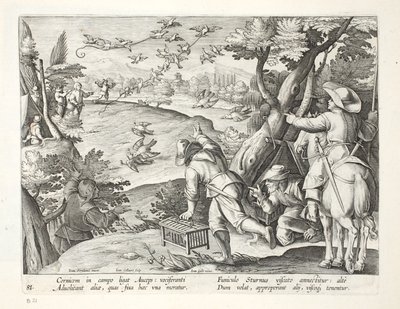 Puchacze łapiące wrony, ilustracja z "Venationes, Ferarum, Avium, Piscium" (O polowaniu: dzikie zwierzęta, ptaki, ryby), rycina Jana Collaerta (1566-1628), wydana przez Phillipusa Gallaeusa, Amsterdam (eng. autorstwa Jan van der Straet