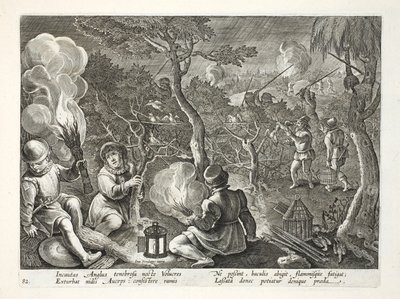 Ptactwo łapiące ptaki nocą, ilustracja z „Venationes, Ferarum, Avium, Piscium” (Polowanie: Dzikie zwierzęta, Ptaki, Ryby), ryt. Jan Collaert (1566-1628), wyd. przez Phillipusa Gallaeusa, Amste autorstwa Jan van der Straet