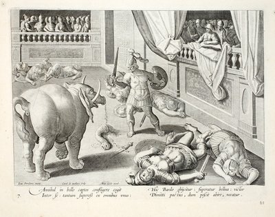 Hannibal każe walczyć pokonanym Rzymianom, ilustracja z „Venationes, Ferarum, Avium, Piscium” (O polowaniu: Dzikie zwierzęta, ptaki, ryby), sztychowana przez Jana Collaerta (1566-1628), wyd. przez Phillipusa autorstwa Jan van der Straet