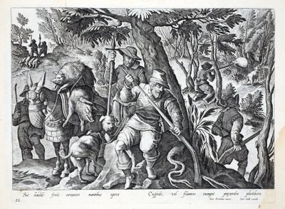 Łowcy używają włóczni lub pistoletów naładowanych ołowiem do polowania na dzika górskiego, ilustracja z „Venationes, Ferarum, Avium, Piscium” (O polowaniu: dzikie zwierzęta, ptaki, ryby), rycina Jan Collaert (1566-1628), autorstwa Jan van der Straet