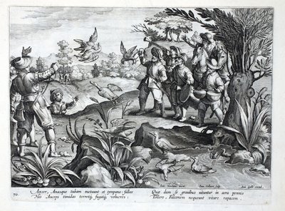 Myśliwi wykorzystujący sokoły do polowania na gęsi, ilustracja z „Venationes, Ferarum, Avium, Piscium” (O polowaniach: dzikie zwierzęta, ptaki, ryby), ryt. Jan Collaert (1566-1628), wyd. przez Phillipusa Gallaeusa, A autorstwa Jan van der Straet