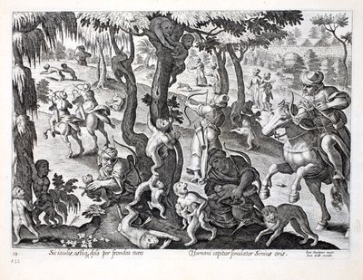 Polowanie na małpy na wsi, ilustracja z „Venationes, Ferarum, Avium, Piscium” (O polowaniu: dzikie zwierzęta, ptaki, ryby), sztych. Jan Collaert (1566-1628), wyd. przez Phillipusa Gallaeusa, Am autorstwa Jan van der Straet