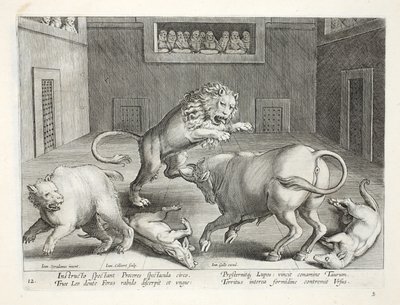 Szlachcice oglądają walkę dzikich bestii w cyrku pod dachem, ilustracja z „Venationes, Ferarum, Avium, Piscium” (O polowaniu: dzikie zwierzęta, ptaki, ryby), sztychowana przez Jana Collaerta (1566-1628), wyd. za pomocą autorstwa Jan van der Straet