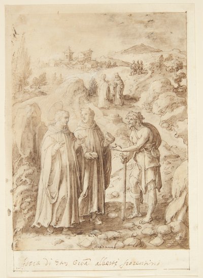 Historia S. Giovanniego Albertiego Fiorentino. Święty i towarzyszący mu mnich dają żebrakowi swój ostatni chleb autorstwa Jan van der Straet