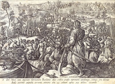 Śmierć Giovanniego Medyceuszy w bitwie, tablica 8 z „Historii Medyceuszy”, sztychowana przez Hendricka Goltziusa (1558-1617), ok. 1583 autorstwa Jan van der Straet