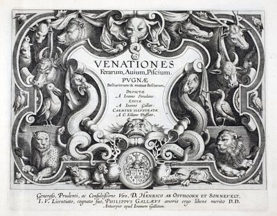 Strona tytułowa „Venationes, Ferarum, Avium, Piscium” (O myślistwie: Dzikie zwierzęta, ptaki, ryby), ryt. Jan Collaert (1566-1628), wyd. autorstwa Phillipusa Gallaeusa, Amsterdam autorstwa Jan van der Straet