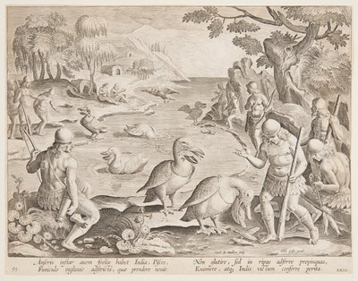Indianie łowiący ryby z pomocą pelikanów, płyta 23 z serii Game of Game, Birds and Fish autorstwa Jan van der Straet, called Stradanus