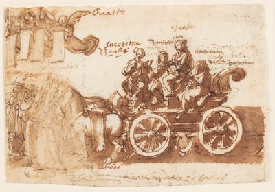 Strona szkicownika; Rydwan i trzy konie autorstwa Jan van der Straet, called Stradanus