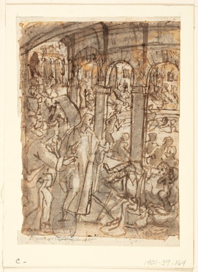 Recto: Chrystus uzdrawiający paralityków w pobliżu sadzawki Bethesda; Verso, powyżej: Merkury, patron podróżników; Verso, poniżej: studia mężczyzny przy otwartych drzwiach autorstwa Jan van der Straet, called Stradanus