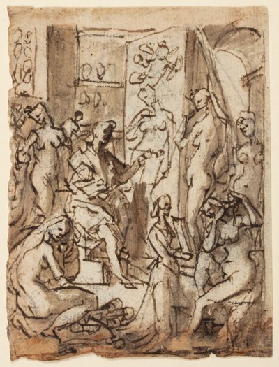 Recto: Zeuxis maluje Helenę; Verso: Studia postaci do ilustracji ósmego kręgu, dziesiątej bolgia Dantego Piekła (Fałszywicy: Mistrz Adamo, Sinon z Troi, Żona Potyfara) autorstwa Jan van der Straet, called Stradanus