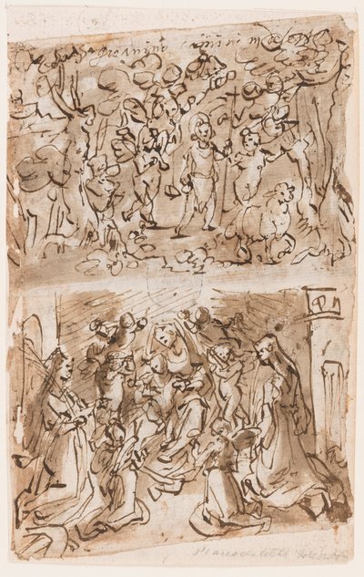 Recto, powyżej: młody św. Jan Chrzciciel prowadzony przez aniołów na pustyni; Recto, poniżej: Sacra Conversazione ze św. Barbara i Katarzyna; Verso, powyżej: Ukrzyżowanie; Verso, poniżej: Chrystus uzdrawiający paralityków w pobliżu sadzawki Bethesda autorstwa Jan van der Straet, called Stradanus