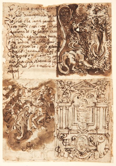 Recto u góry po lewej: fragment dotyczący Niewiasty Apokalipsy z Księgi Objawienia; Recto, u góry po prawej: Kobieta Apokalizy; Recto, poniżej po lewej: Frontyspis do druku serii Żywot Dziewicy; Recto, poniżej po prawej: Koronacja Viri autorstwa Jan van der Straet, called Stradanus