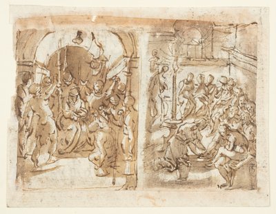 Recto, po lewej: Naśmiewanie się z Chrystusa; Recto, po prawej: Chrystus obmywa stopy Apostołom; Verso: Egzekucja Marii Stuart, królowej Szkotów w 1587 r. autorstwa Jan van der Straet, called Stradanus