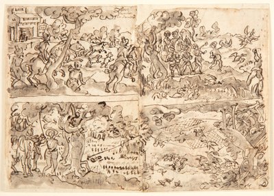 Strona szkicownika z czterema scenami polowań autorstwa Jan van der Straet, called Stradanus